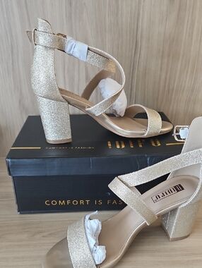 IDIFU Gold Glitter Block Heel Sandals
